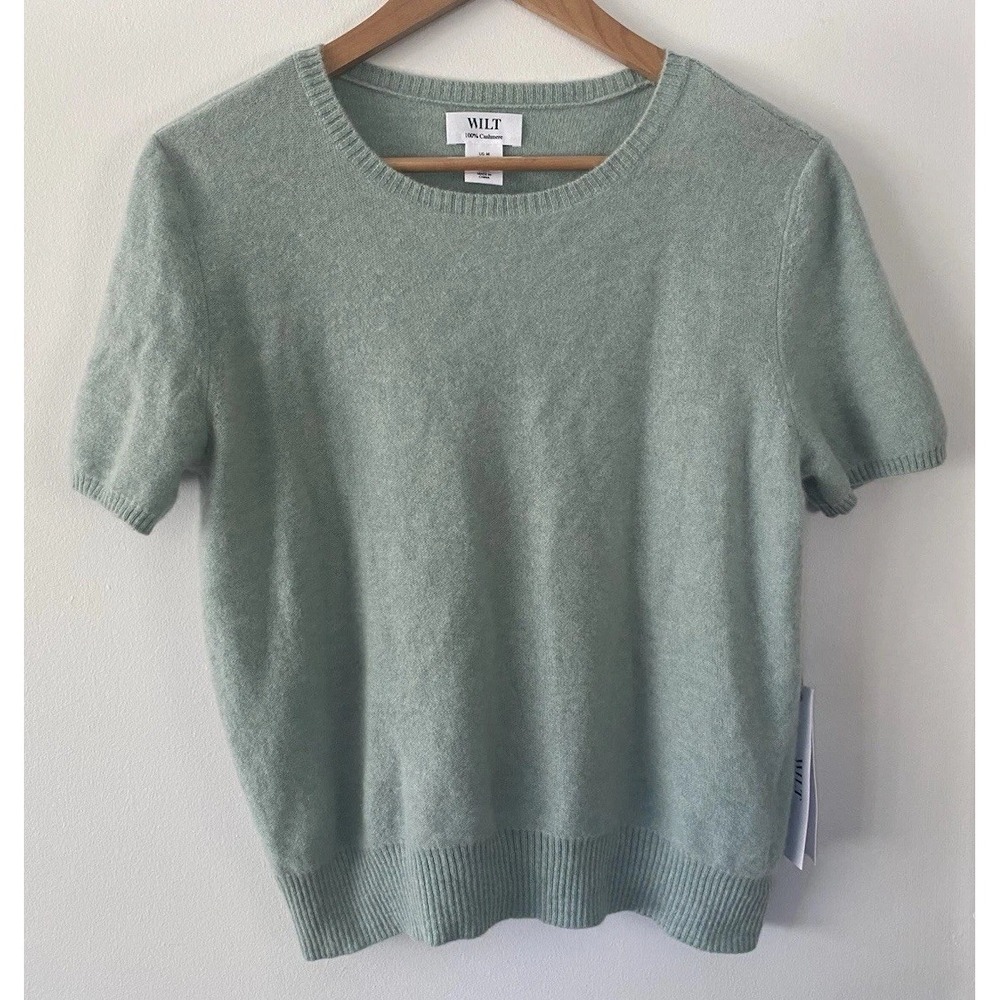 NWT WILT 100% Cashmere Short Sleeve Crew Neck Sweater Mint Green Size Medium